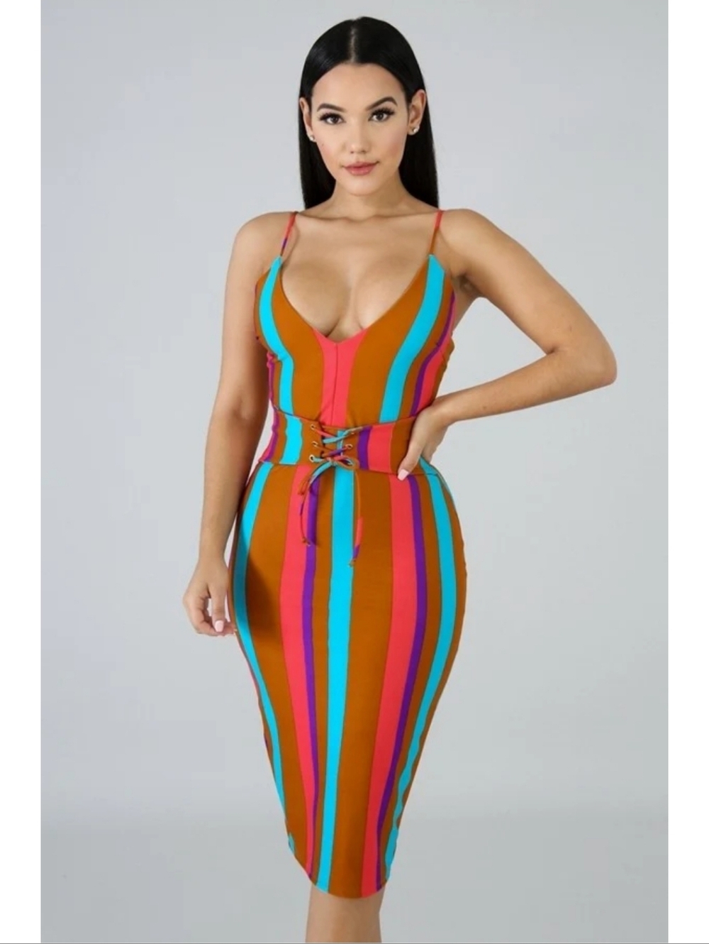 Striped Lace-Up Midi Dress in Multicolor